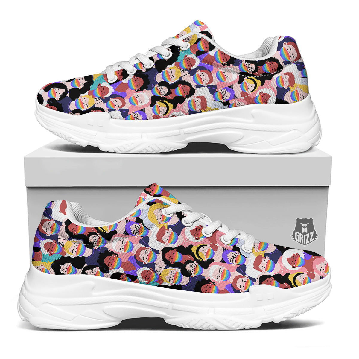 People And Rainbow Face Masks Print Pattern White Chunky Shoes-grizzshop