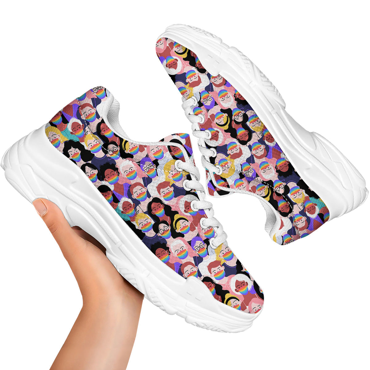 People And Rainbow Face Masks Print Pattern White Chunky Shoes-grizzshop