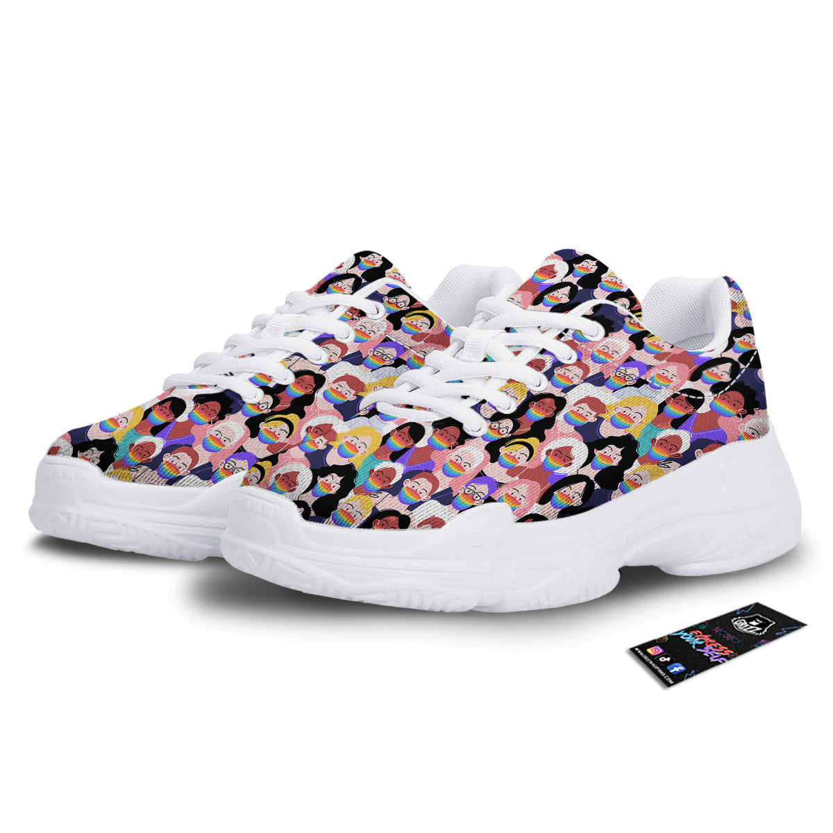 People And Rainbow Face Masks Print Pattern White Chunky Shoes-grizzshop