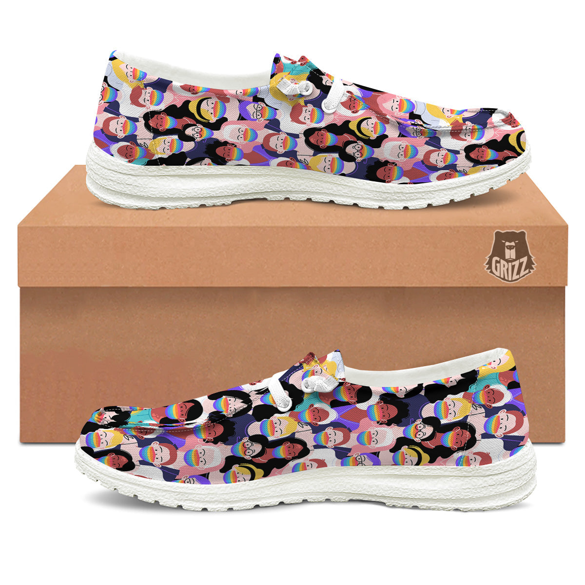 People And Rainbow Face Masks Print Pattern White Loafers-grizzshop
