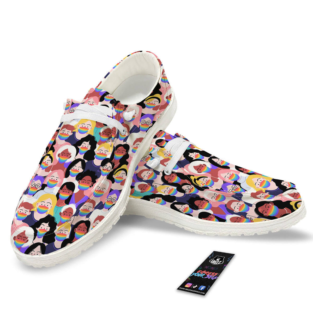People And Rainbow Face Masks Print Pattern White Loafers-grizzshop