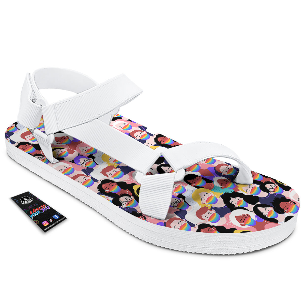 People And Rainbow Face Masks Print Pattern White Open Toe Sandals-grizzshop