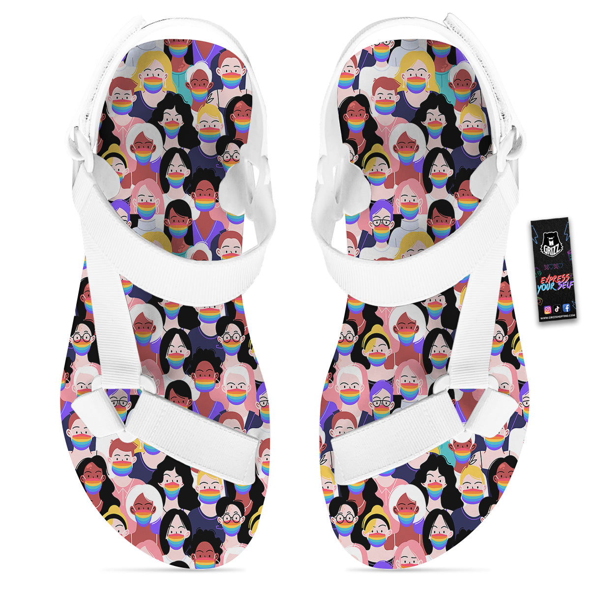 People And Rainbow Face Masks Print Pattern White Open Toe Sandals-grizzshop