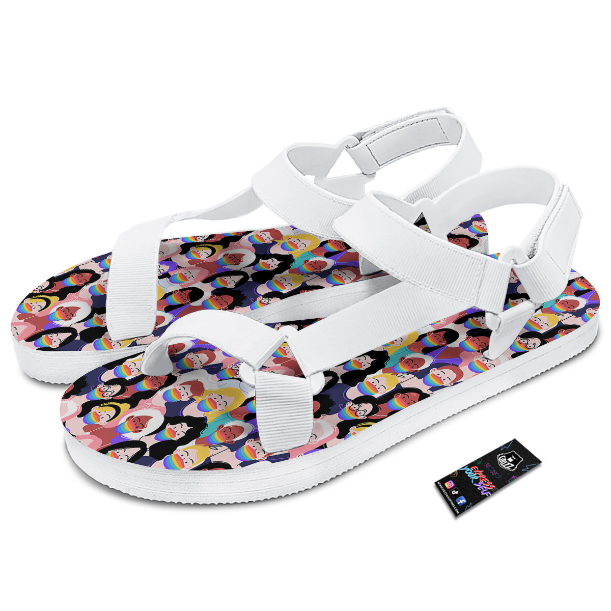 People And Rainbow Face Masks Print Pattern White Open Toe Sandals-grizzshop
