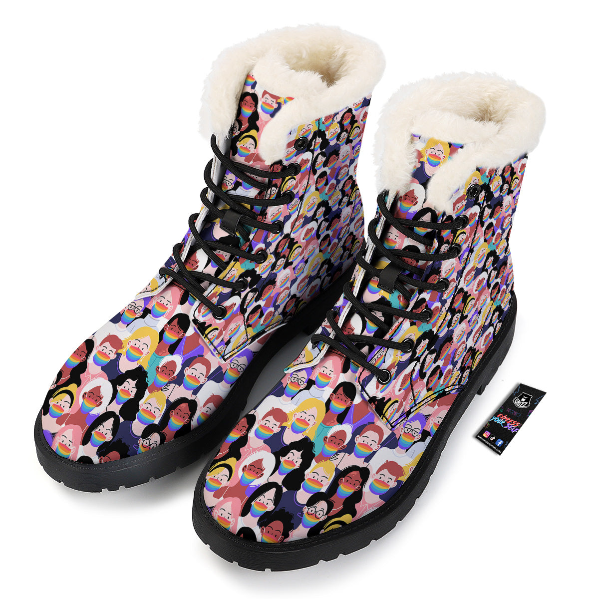 People And Rainbow Face Masks Print Pattern Winter Boots-grizzshop