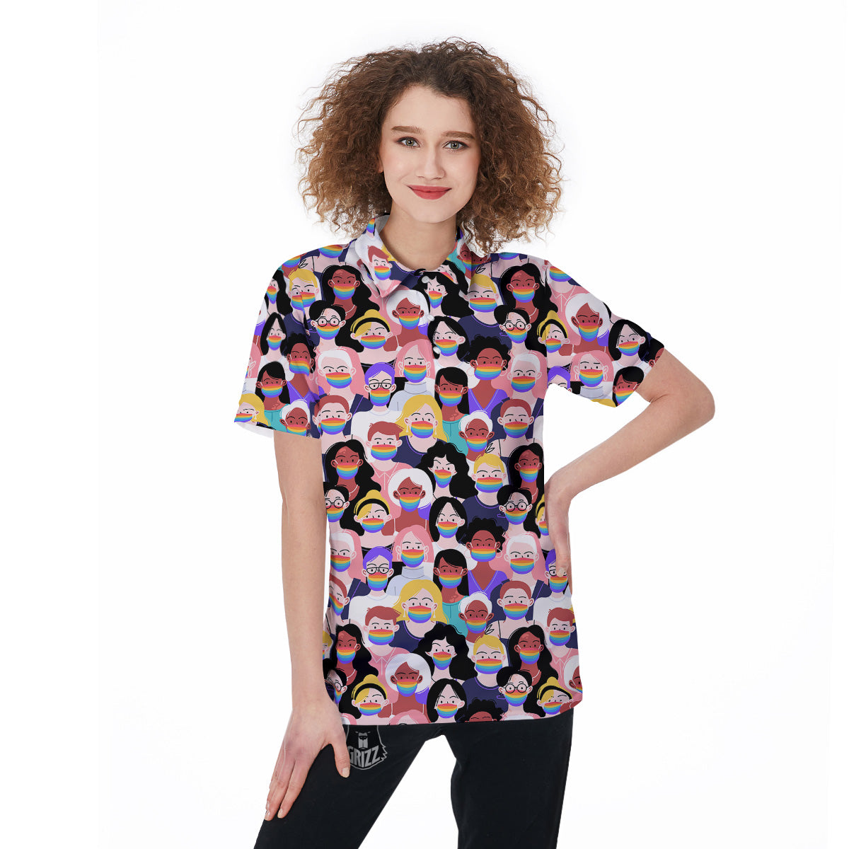 People And Rainbow Face Masks Print Pattern Women's Golf Shirts-grizzshop