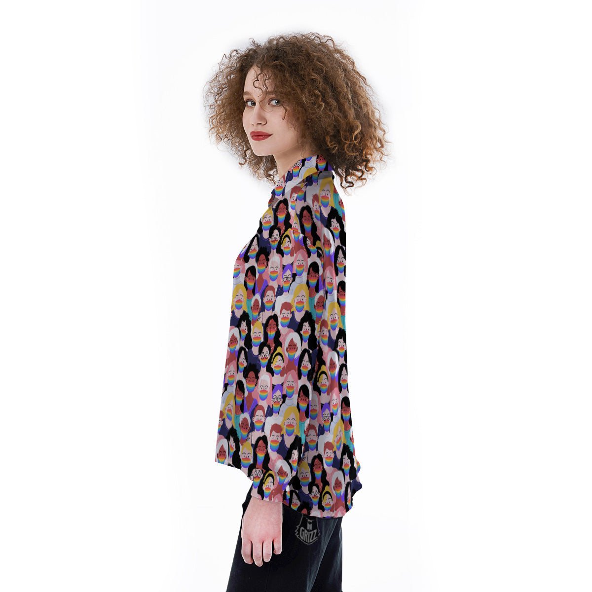 People And Rainbow Face Masks Print Pattern Women's Long Sleeve Shirts-grizzshop