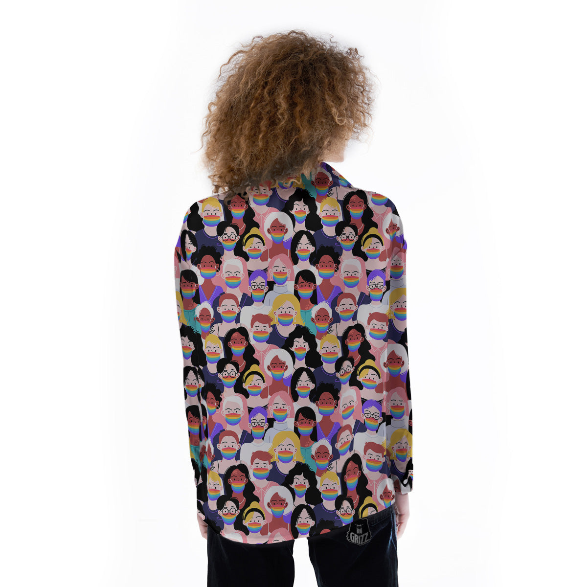 People And Rainbow Face Masks Print Pattern Women's Long Sleeve Shirts-grizzshop