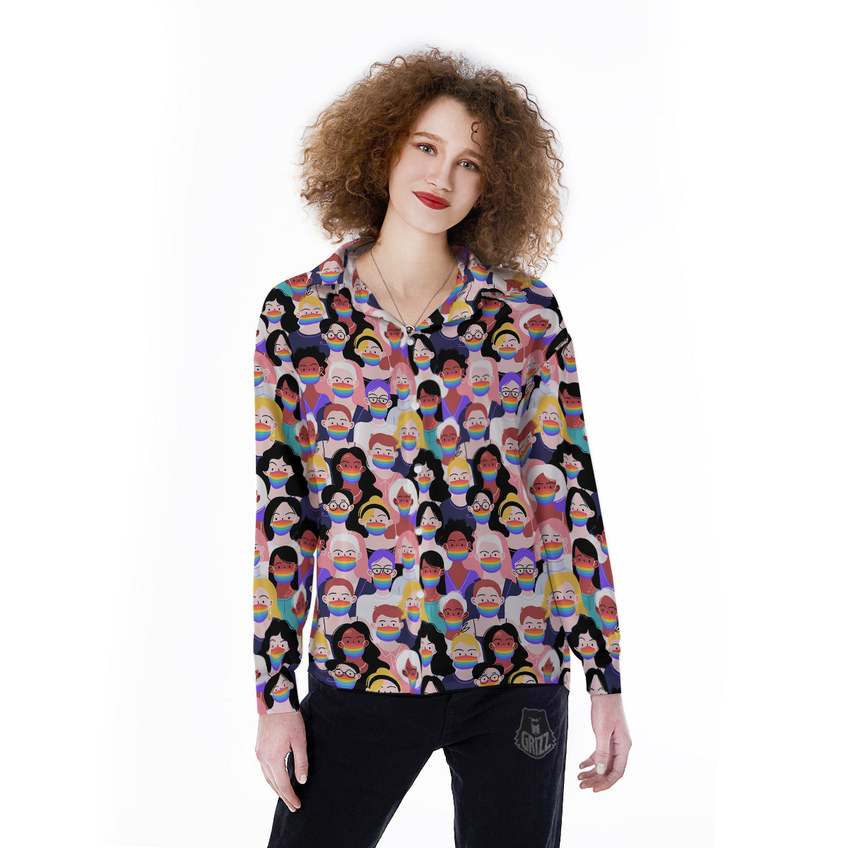 People And Rainbow Face Masks Print Pattern Women's Long Sleeve Shirts-grizzshop