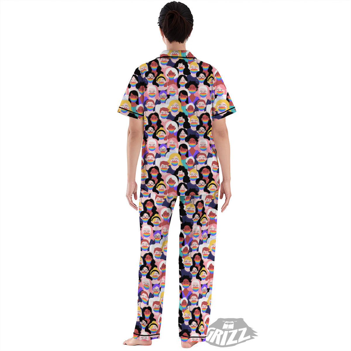 People And Rainbow Face Masks Print Pattern Women's Pajamas Set-grizzshop