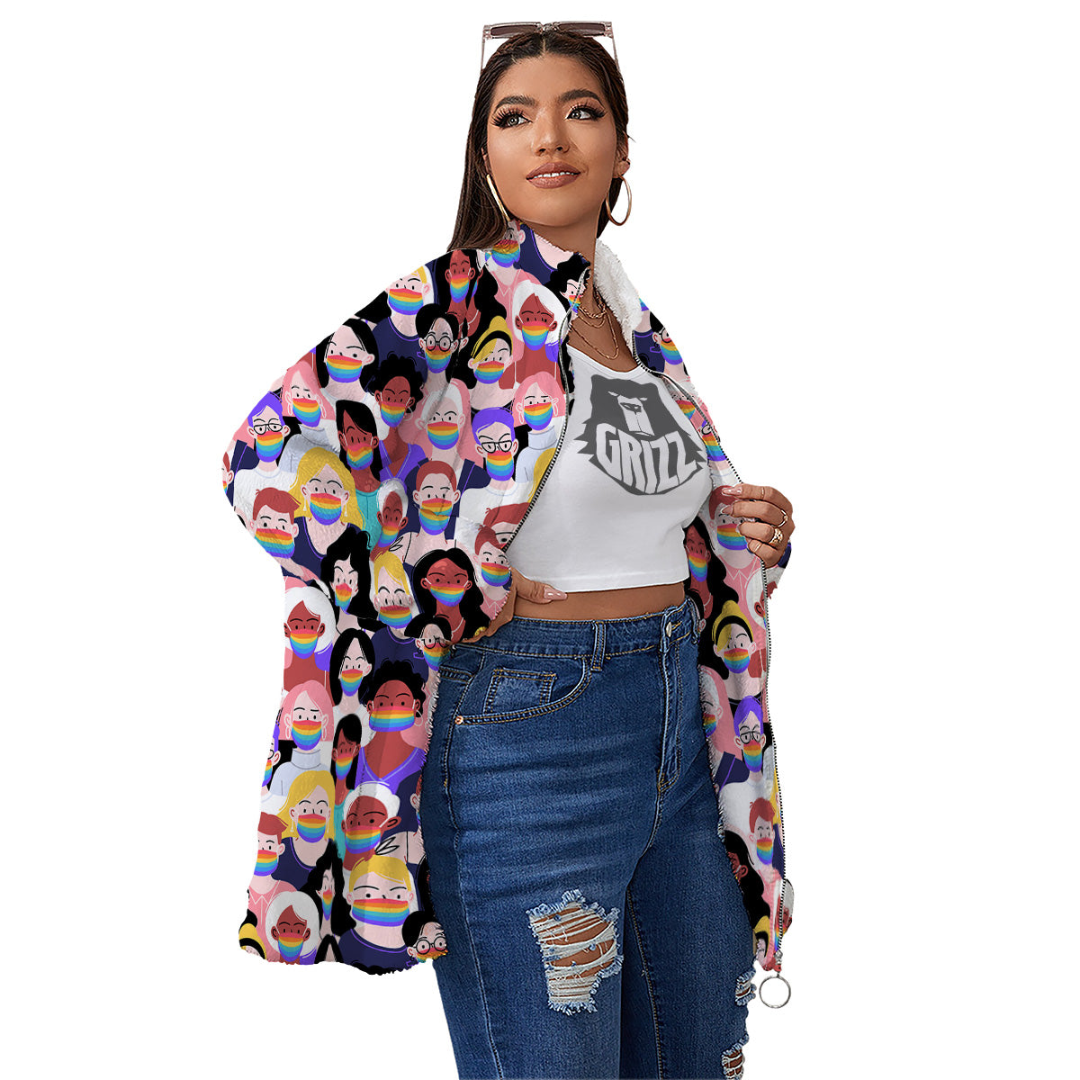 People And Rainbow Face Masks Print Pattern Women's Sherpa Jacket-grizzshop