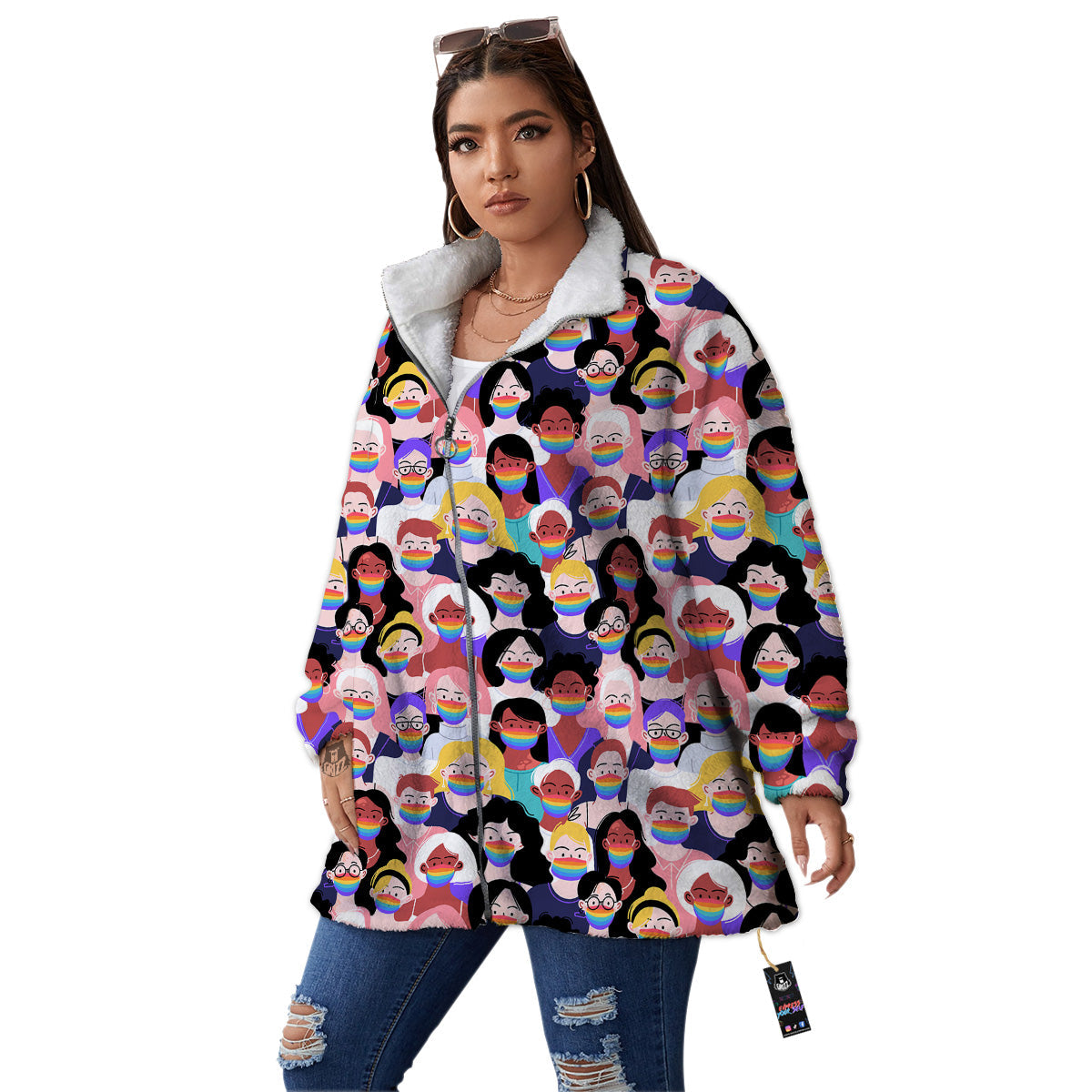 People And Rainbow Face Masks Print Pattern Women's Sherpa Jacket-grizzshop