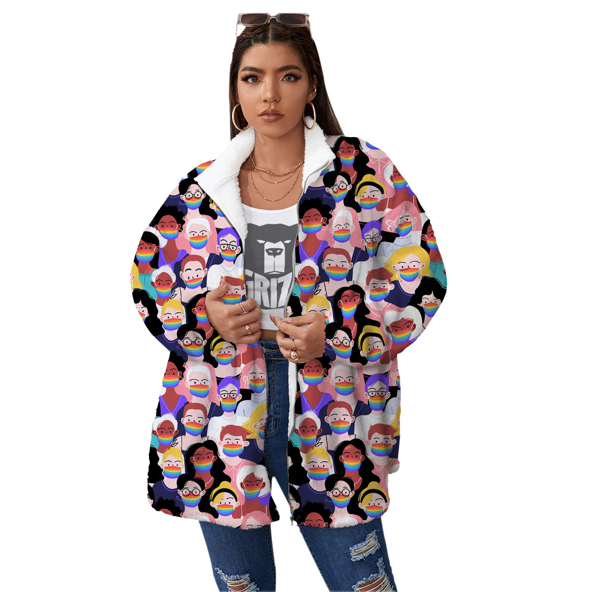People And Rainbow Face Masks Print Pattern Women's Sherpa Jacket-grizzshop