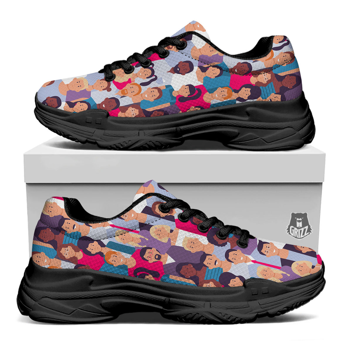 People Smile Colorful Print Pattern Black Chunky Shoes-grizzshop