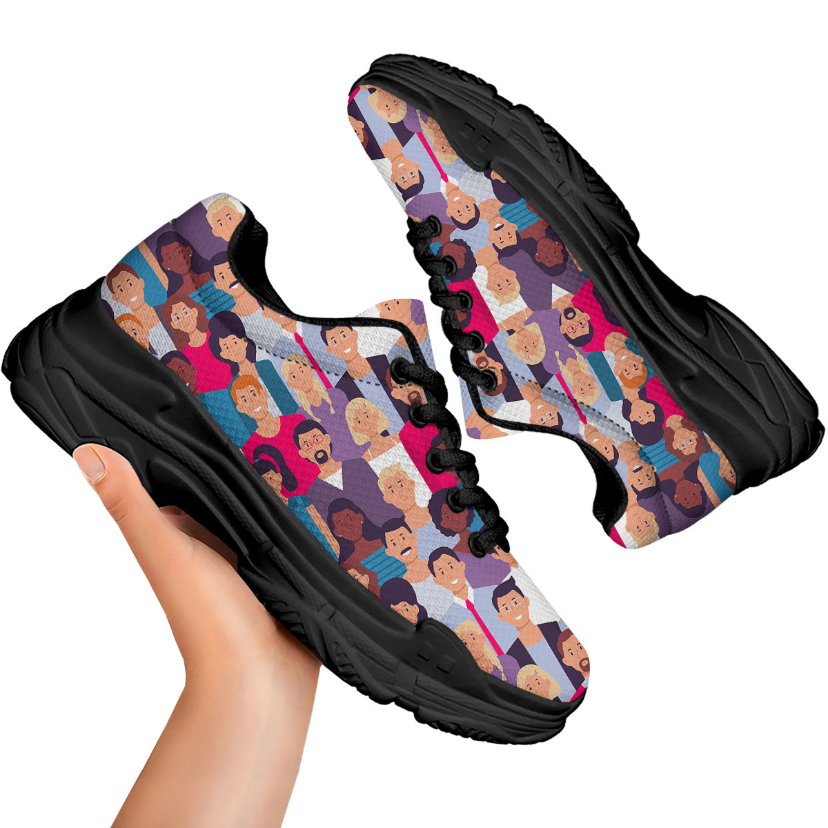 People Smile Colorful Print Pattern Black Chunky Shoes-grizzshop