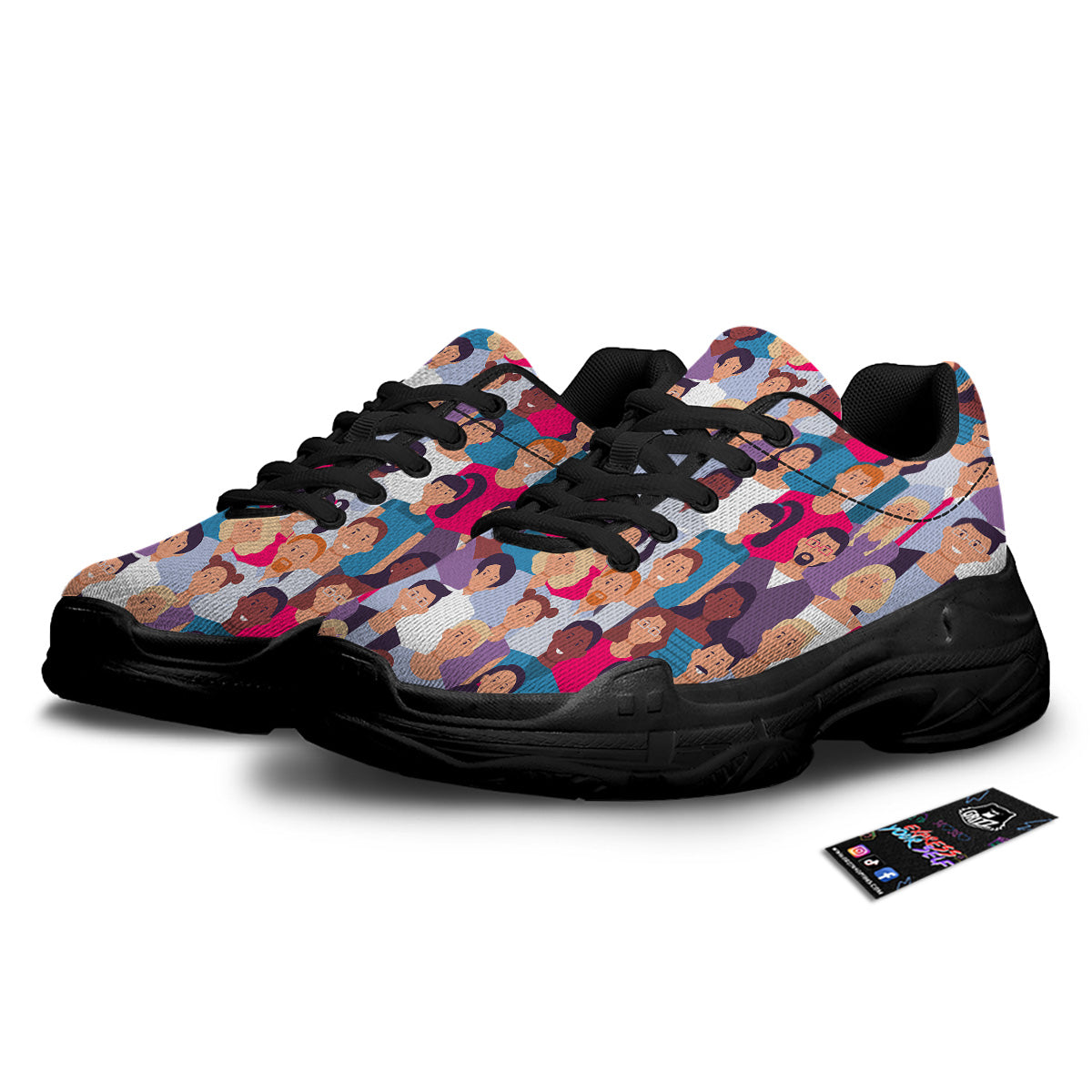 People Smile Colorful Print Pattern Black Chunky Shoes-grizzshop