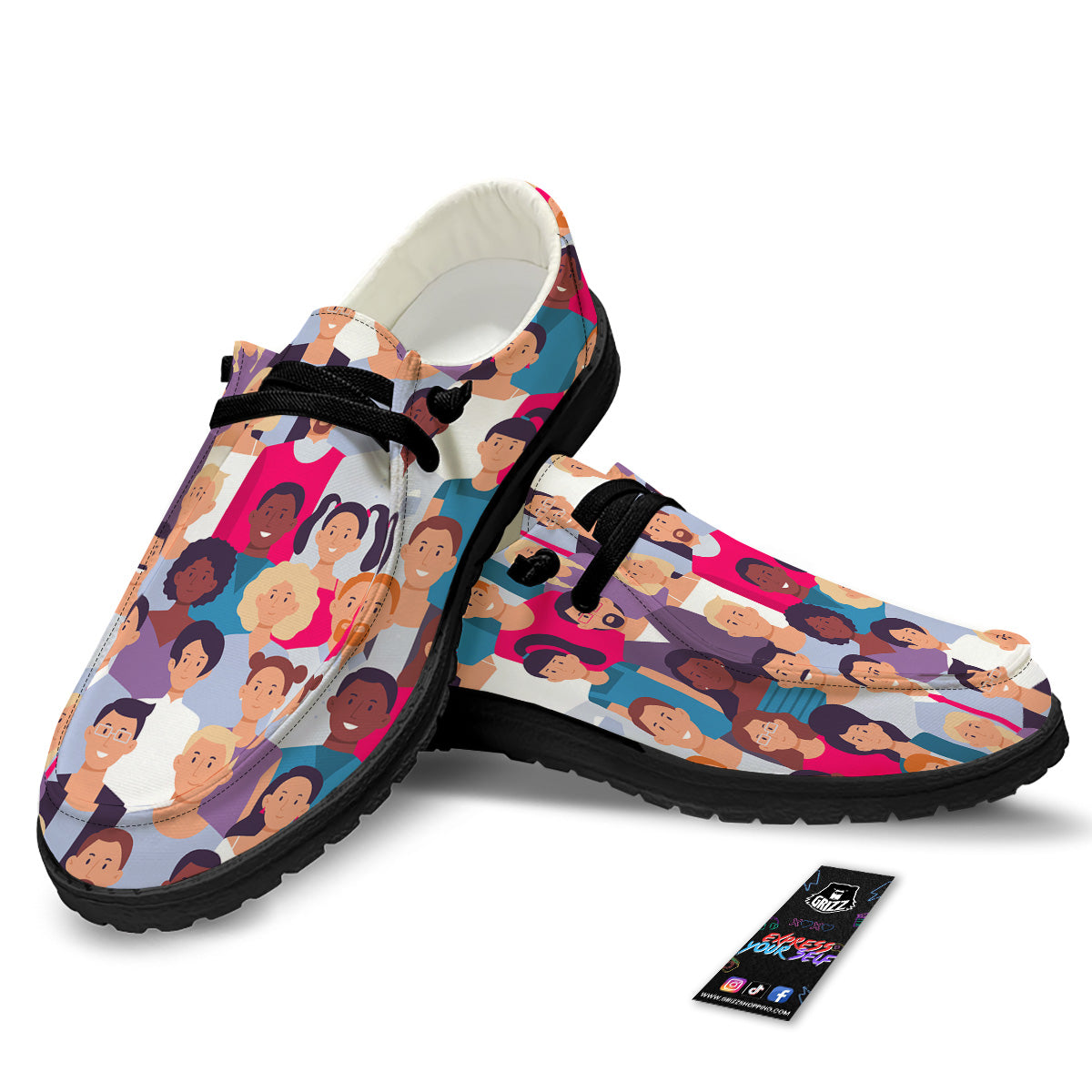 People Smile Colorful Print Pattern Black Loafers-grizzshop