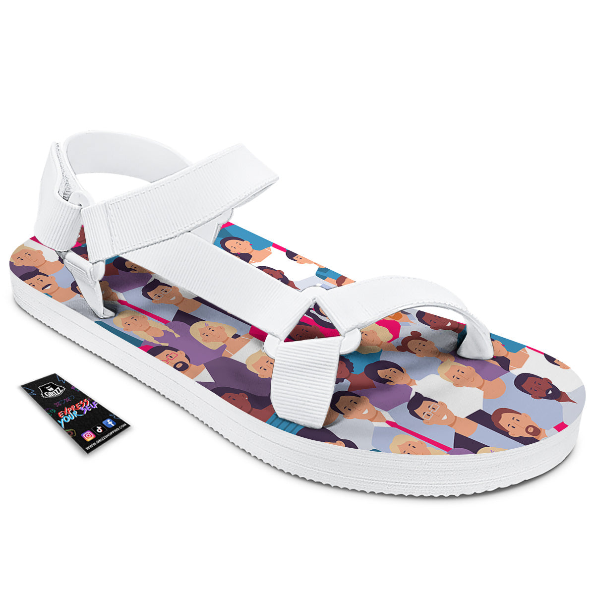 People Smile Colorful Print Pattern White Open Toe Sandals-grizzshop