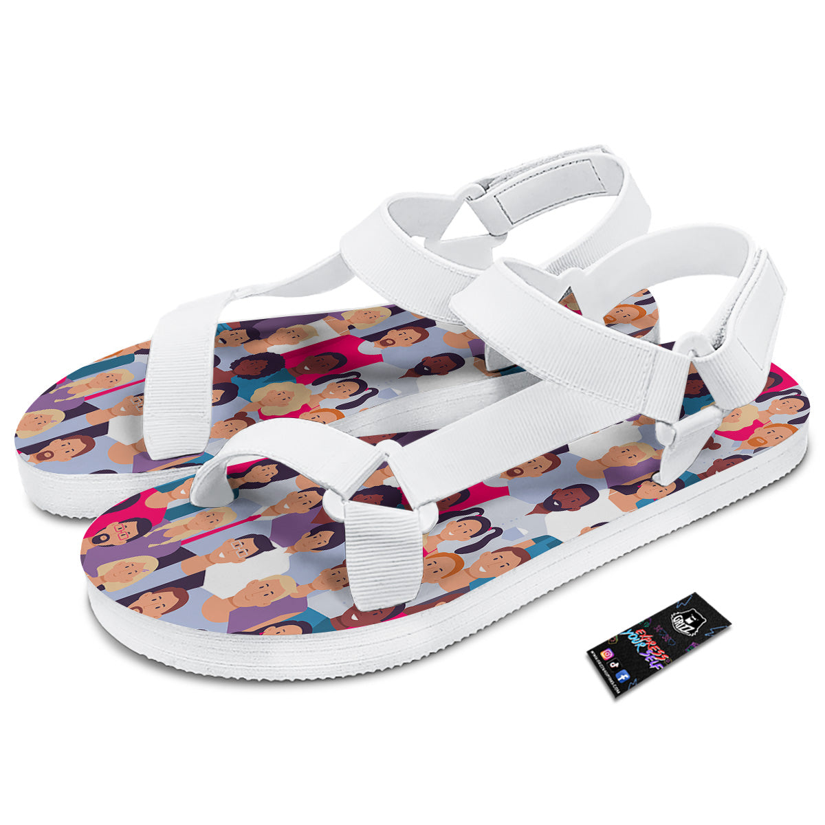 People Smile Colorful Print Pattern White Open Toe Sandals-grizzshop