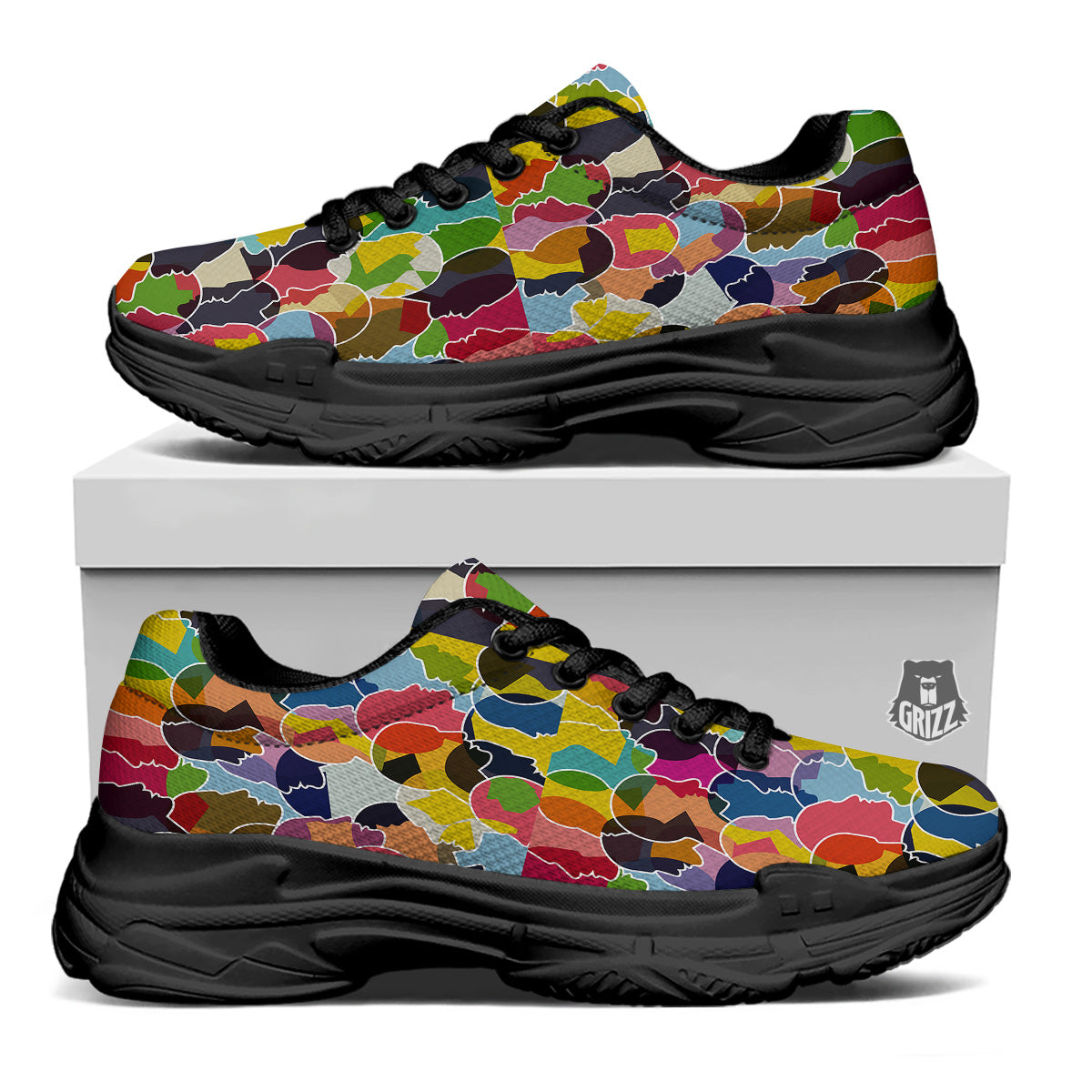 People Talking Colorful Print Pattern Black Chunky Shoes-grizzshop