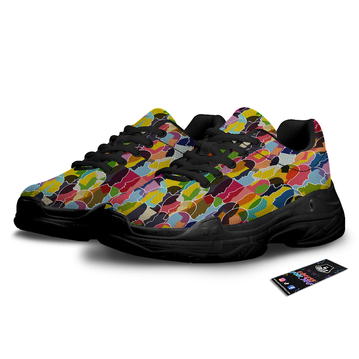 People Talking Colorful Print Pattern Black Chunky Shoes-grizzshop
