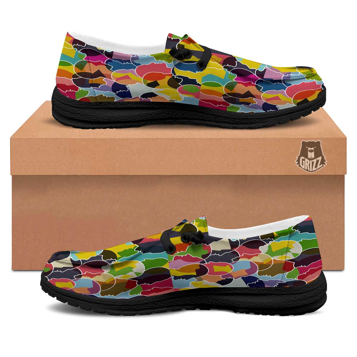 People Talking Colorful Print Pattern Black Loafers-grizzshop