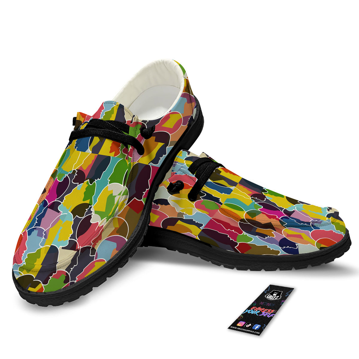 People Talking Colorful Print Pattern Black Loafers-grizzshop