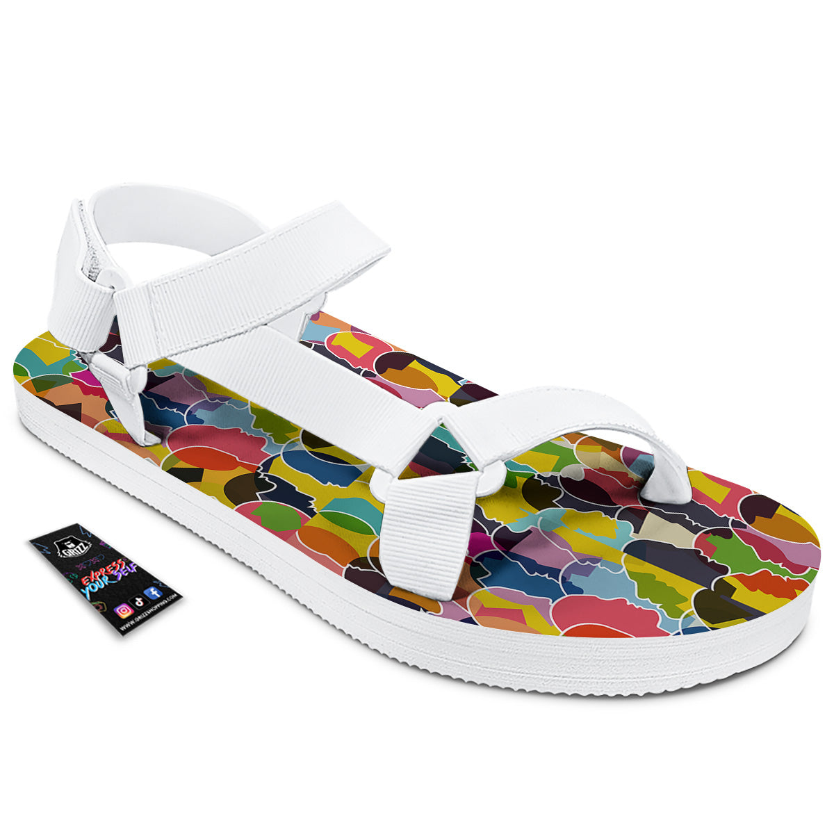 People Talking Colorful Print Pattern White Open Toe Sandals-grizzshop