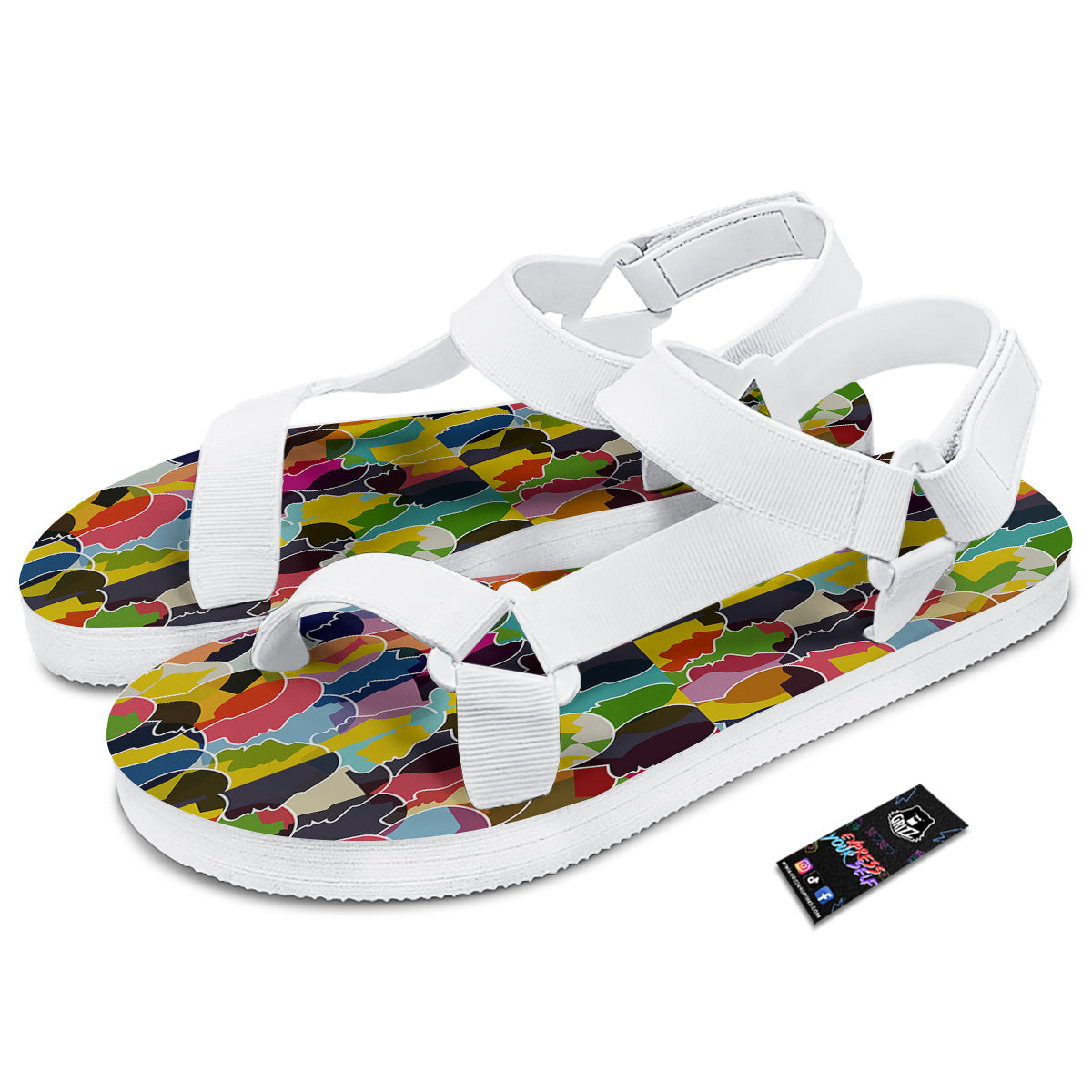 People Talking Colorful Print Pattern White Open Toe Sandals-grizzshop