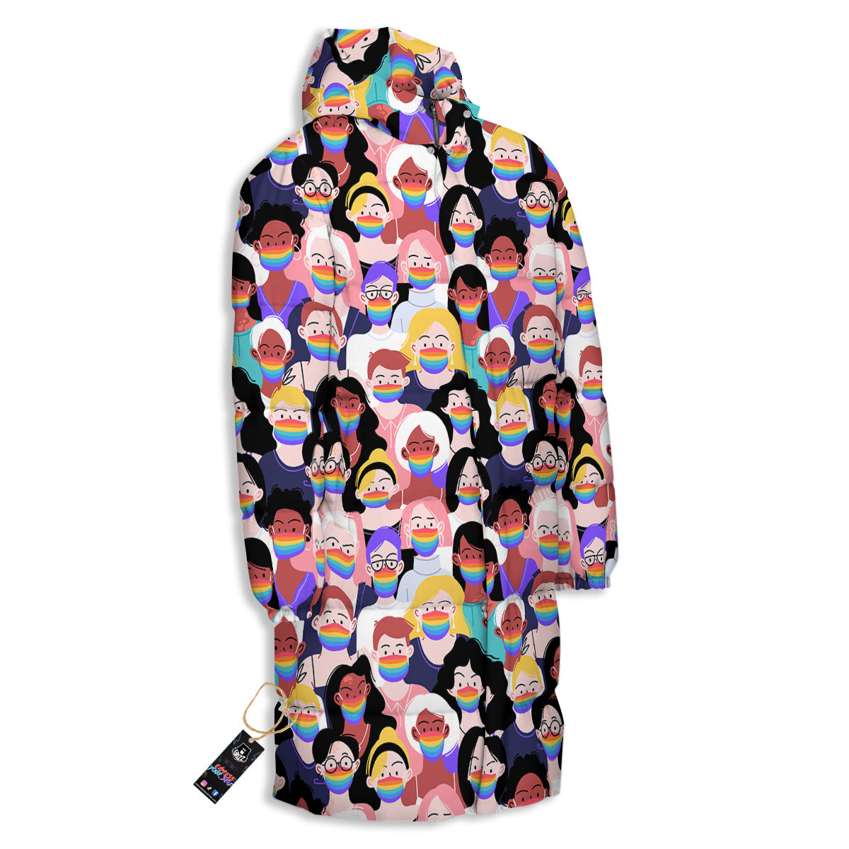 People And Rainbow Face Masks Print Pattern Long Down Jacket