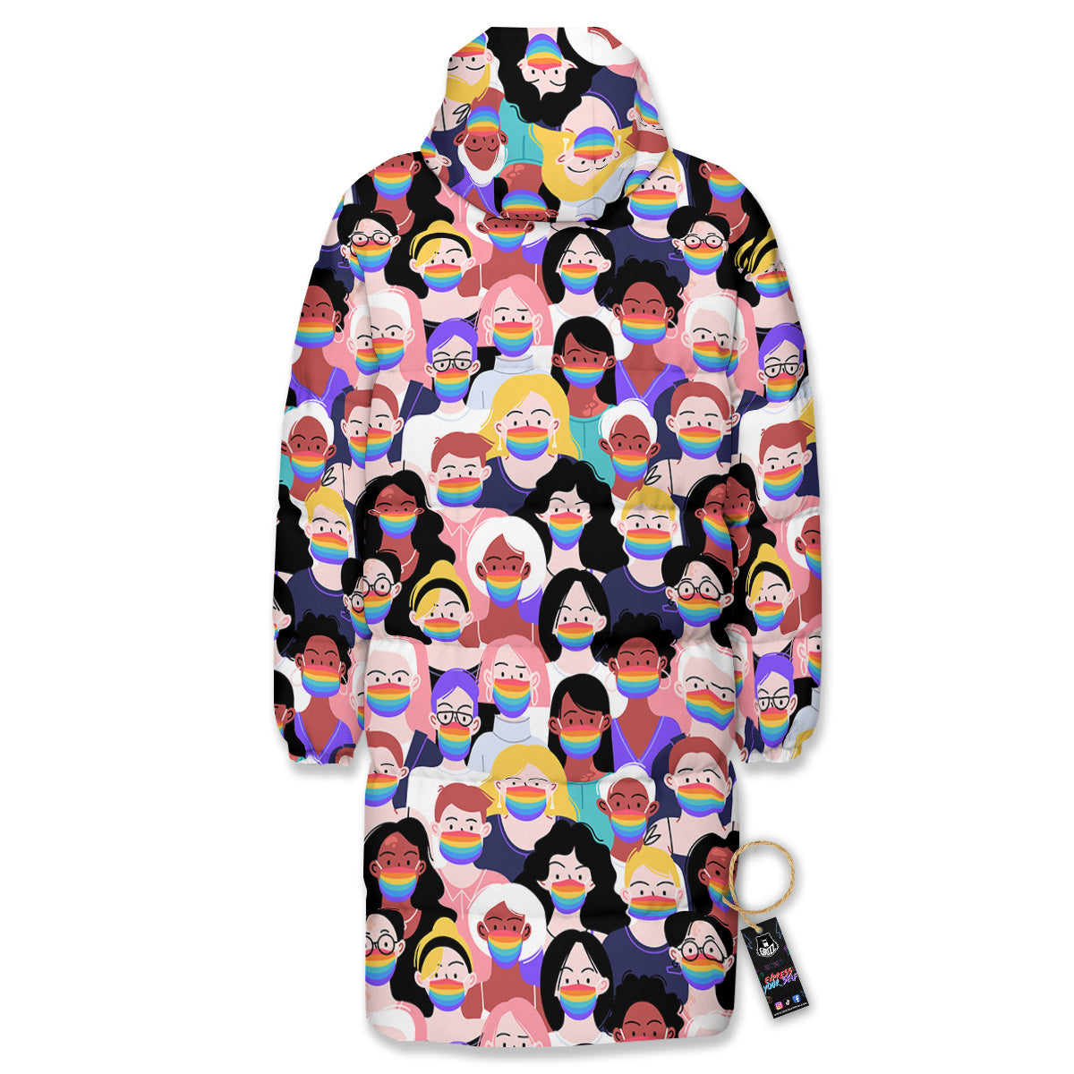 People And Rainbow Face Masks Print Pattern Long Down Jacket