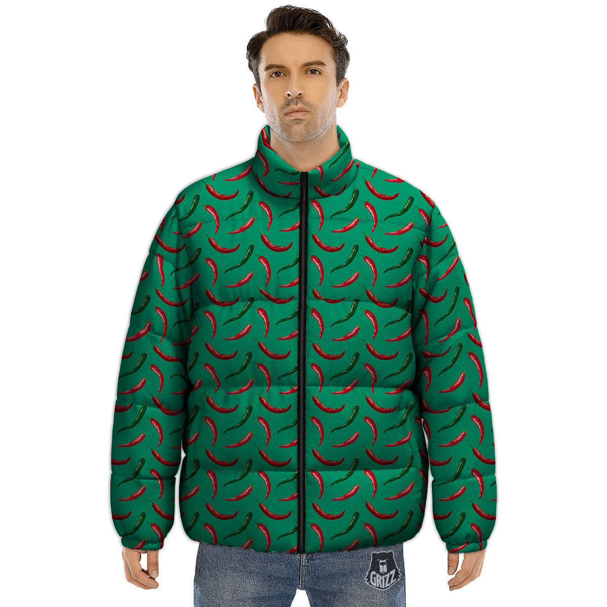 Peppers Chili Green Print Pattern Puffer Jacket-grizzshop