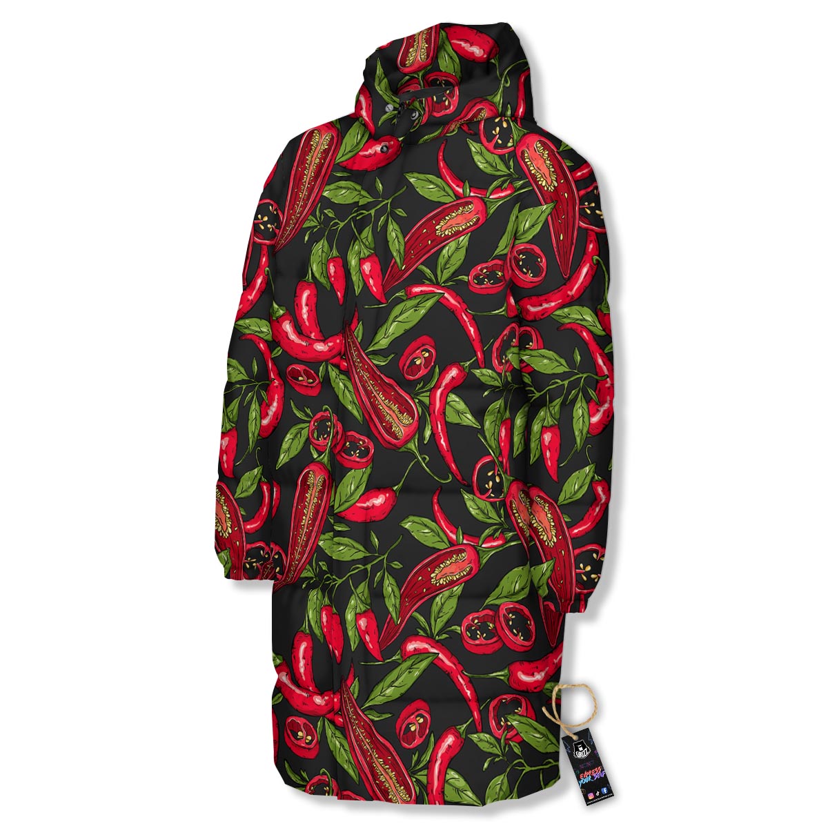 Peppers Red Chili Print Pattern Long Down Jacket-grizzshop