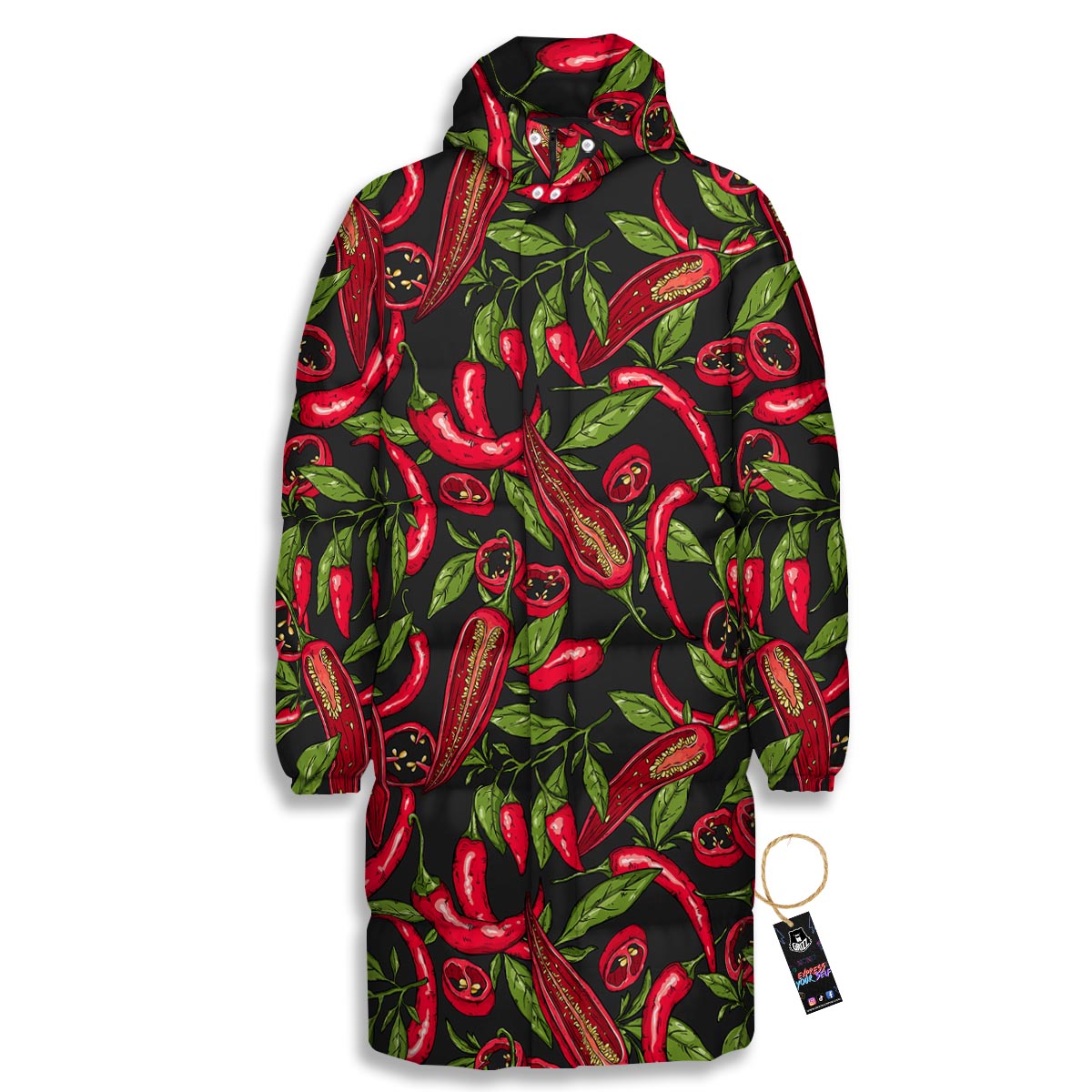 Peppers Red Chili Print Pattern Long Down Jacket-grizzshop