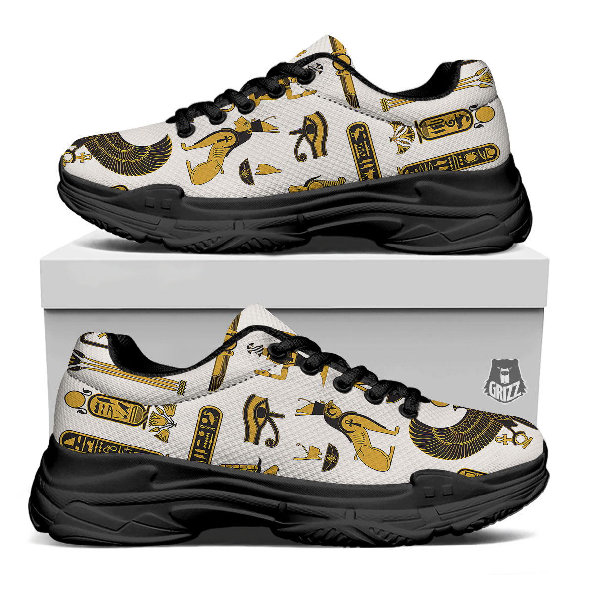 Pharaohs And Gods Egyptian Print Black Chunky Shoes-grizzshop