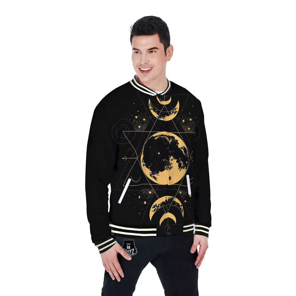 Phase Geometric Moon Print Baseball Jacket-grizzshop