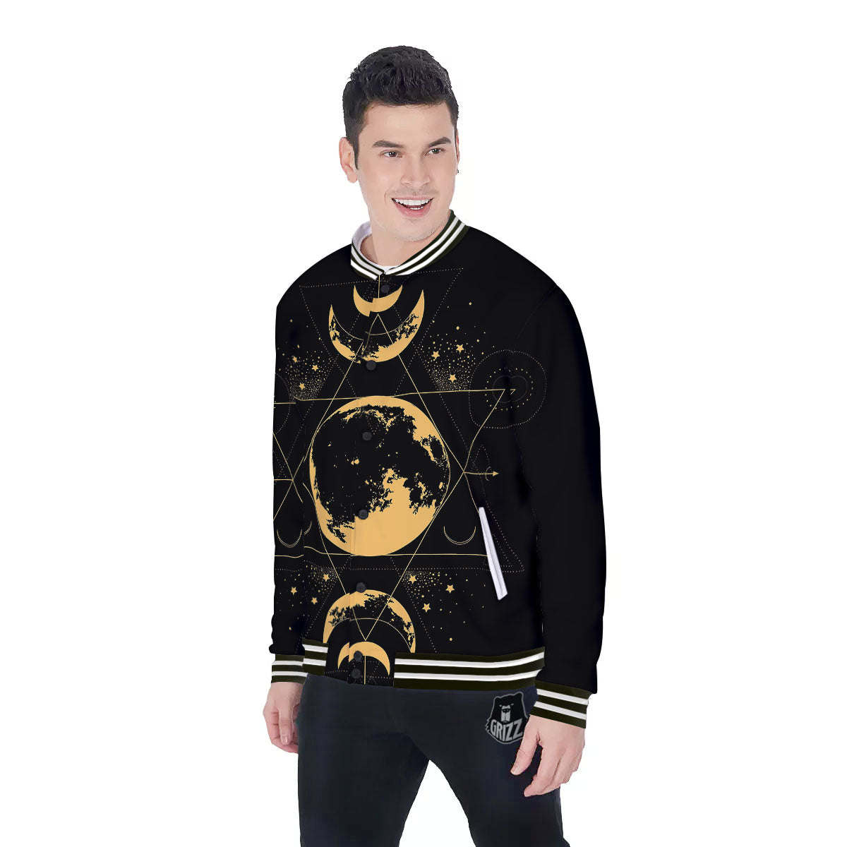 Phase Geometric Moon Print Baseball Jacket-grizzshop