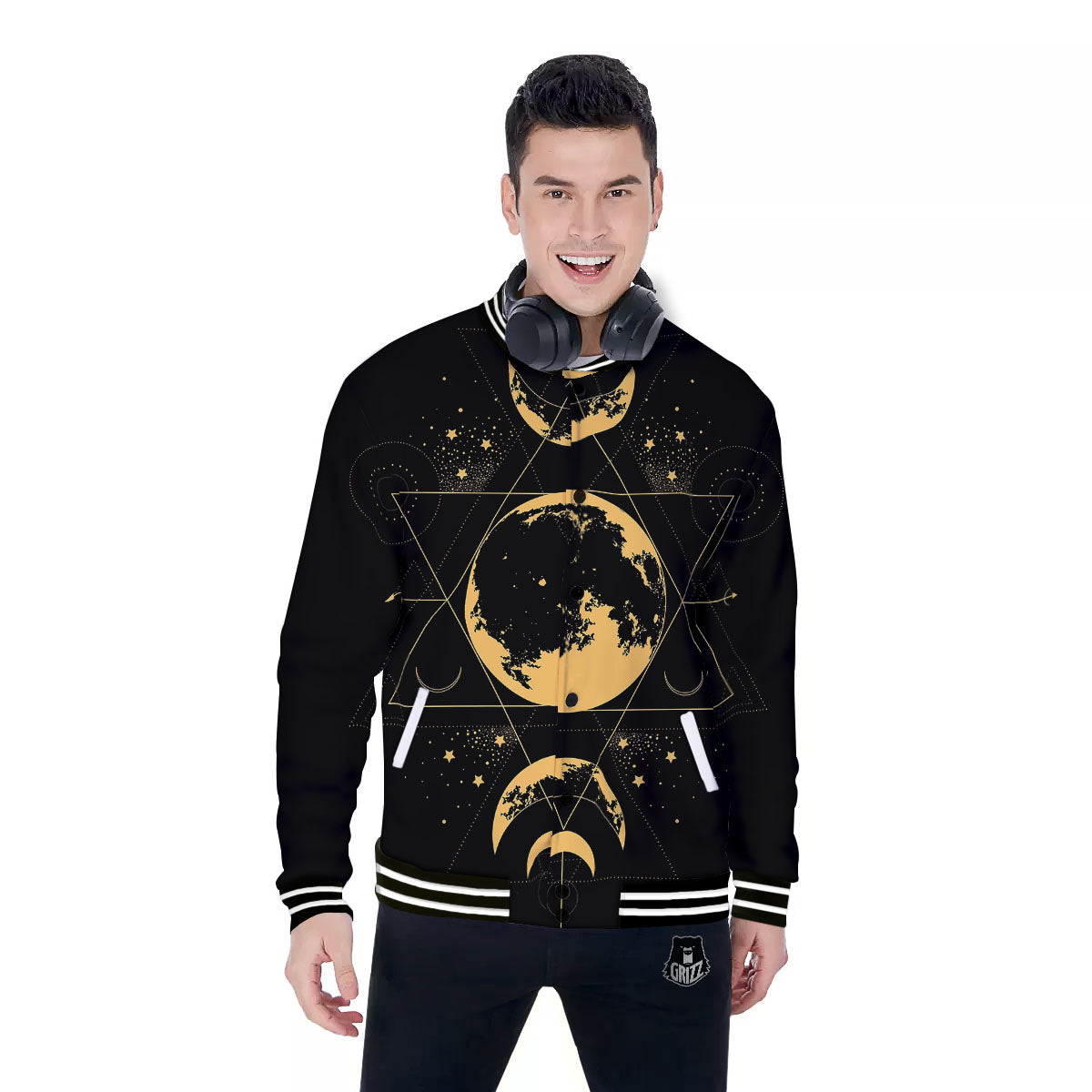 Phase Geometric Moon Print Baseball Jacket-grizzshop