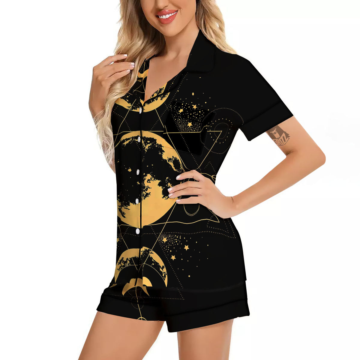 Phase Geometric Moon Print Women Silk Pajamas-grizzshop