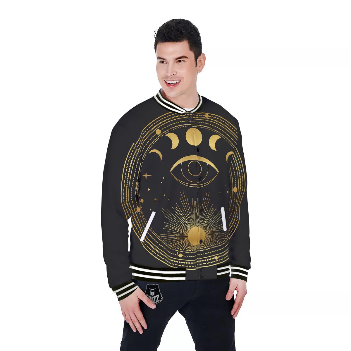 Phase Moon And Sun Print Baseball Jacket-grizzshop