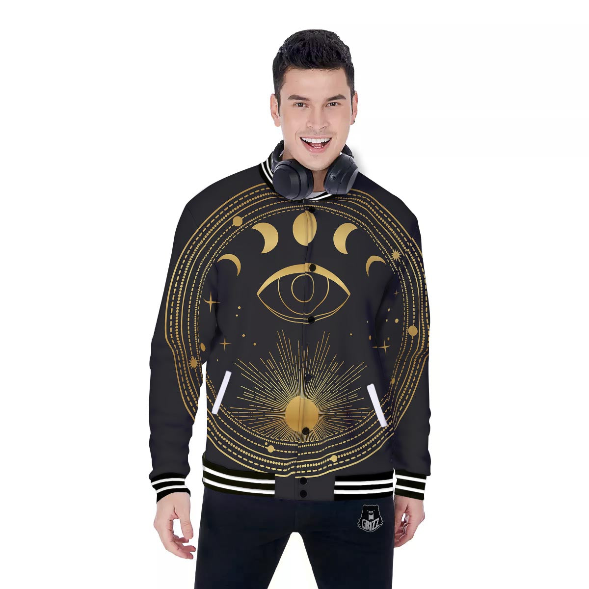 Phase Moon And Sun Print Baseball Jacket-grizzshop