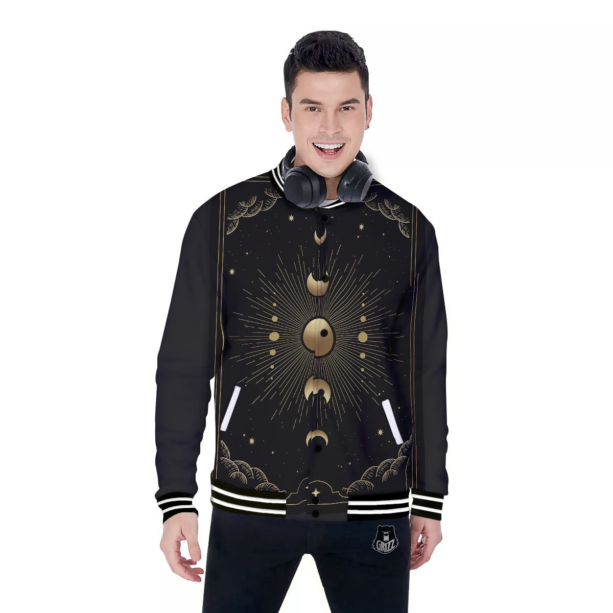 Phases And Eclipse Print Baseball Jacket-grizzshop