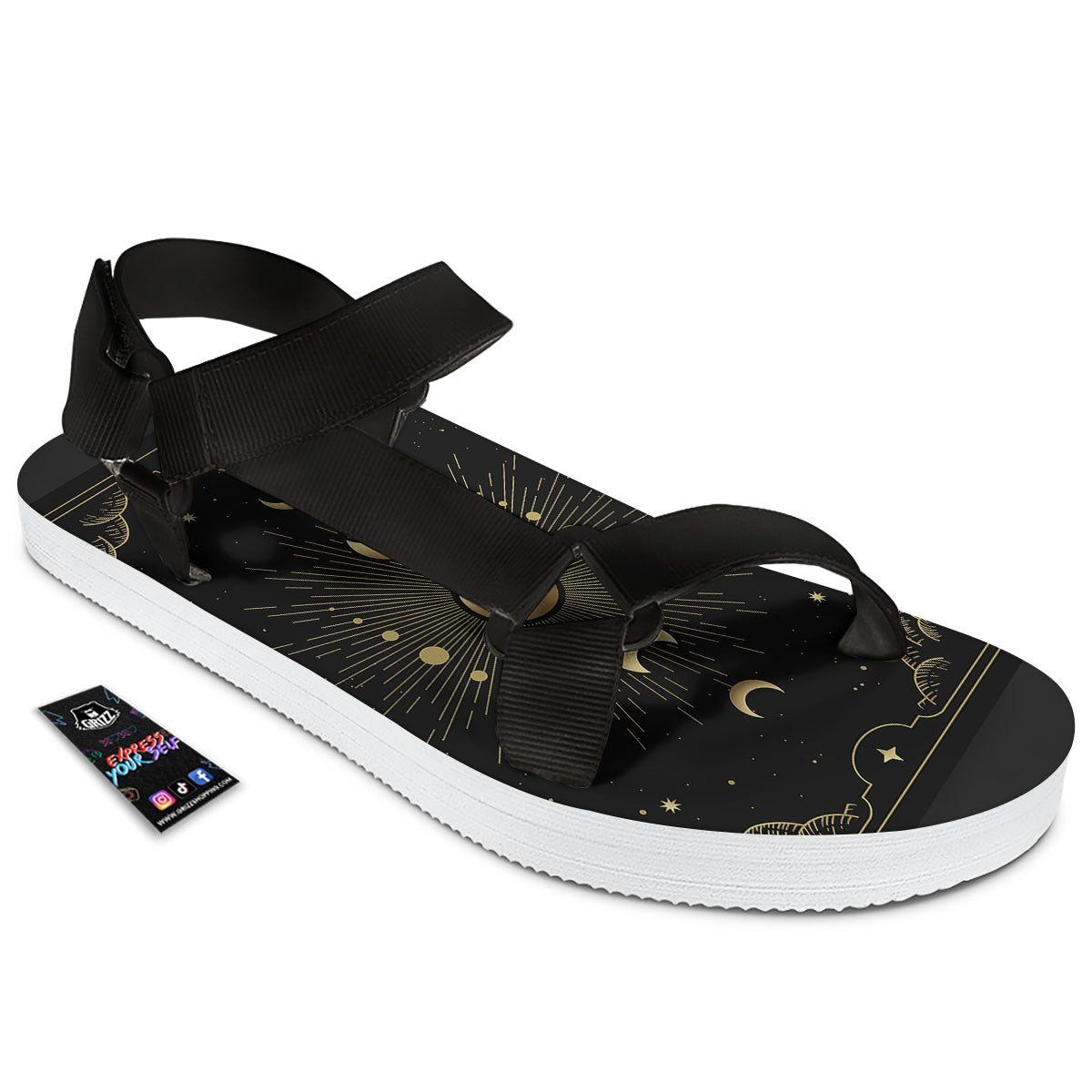 Phases And Eclipse Print Black Open Toe Sandals-grizzshop