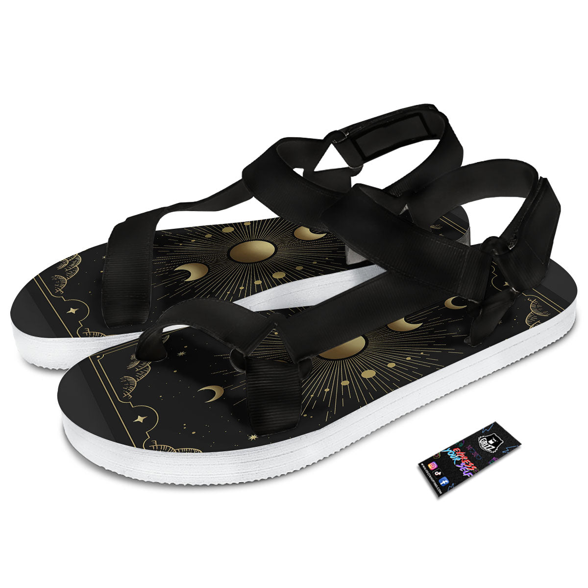 Phases And Eclipse Print Black Open Toe Sandals-grizzshop