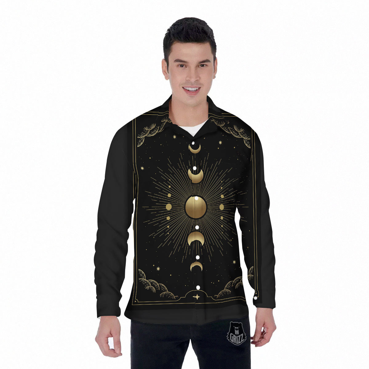 Phases And Eclipse Print Men's Long Sleeve Shirts-grizzshop