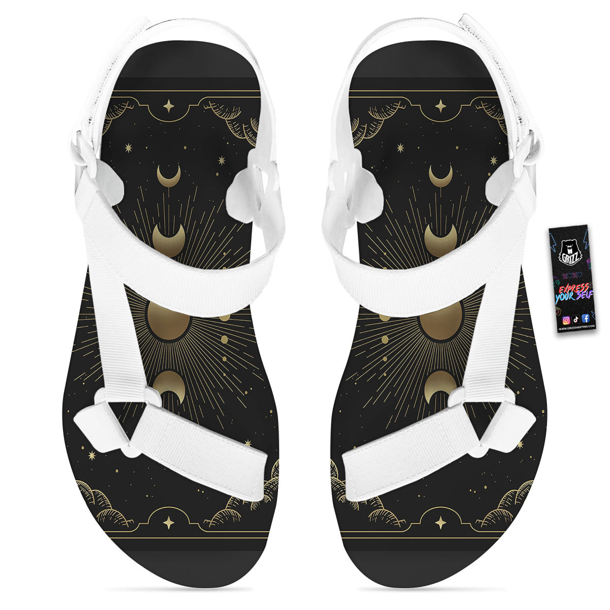 Phases And Eclipse Print White Open Toe Sandals-grizzshop