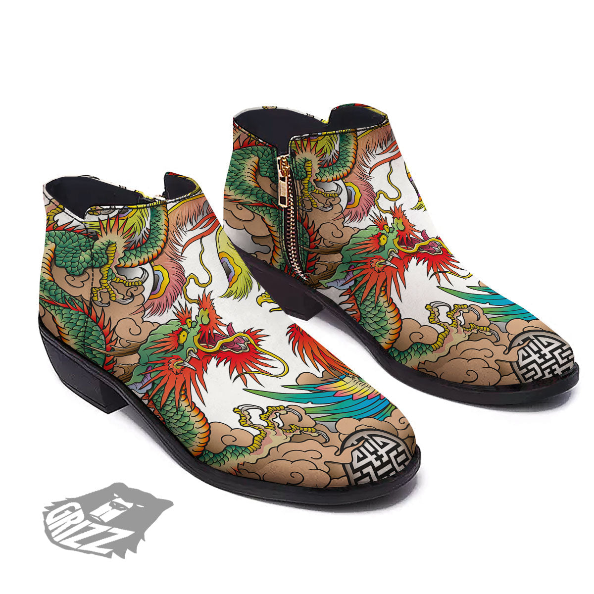 Phoenix And Dragon Japanese Tattoo Print Ankle Boots-grizzshop