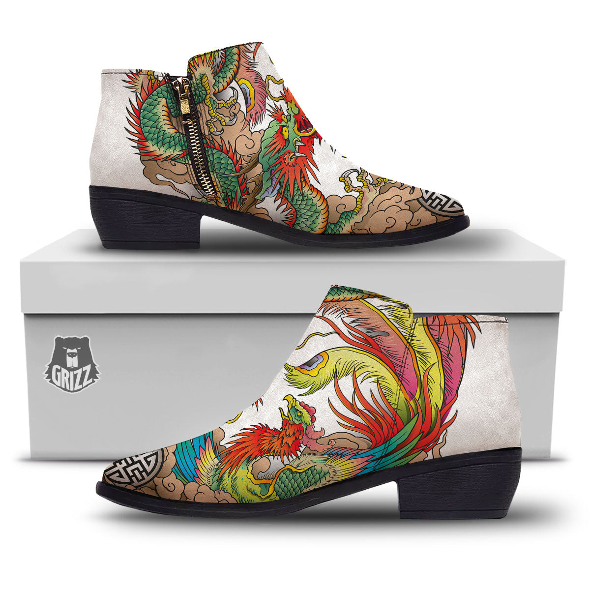 Phoenix And Dragon Japanese Tattoo Print Ankle Boots-grizzshop