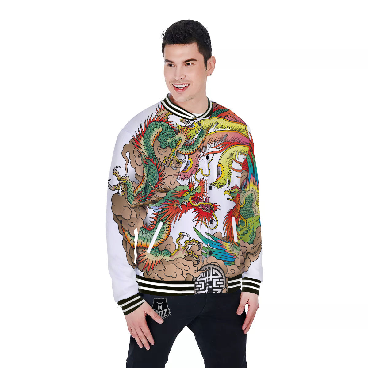 Phoenix And Dragon Japanese Tattoo Print Baseball Jacket-grizzshop