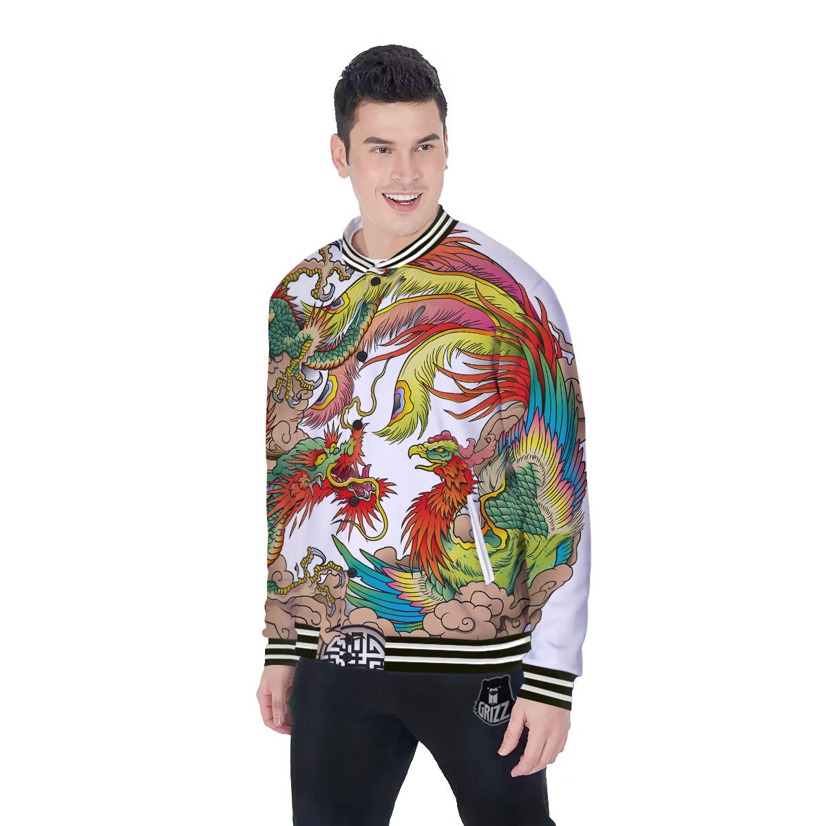 Phoenix And Dragon Japanese Tattoo Print Baseball Jacket-grizzshop